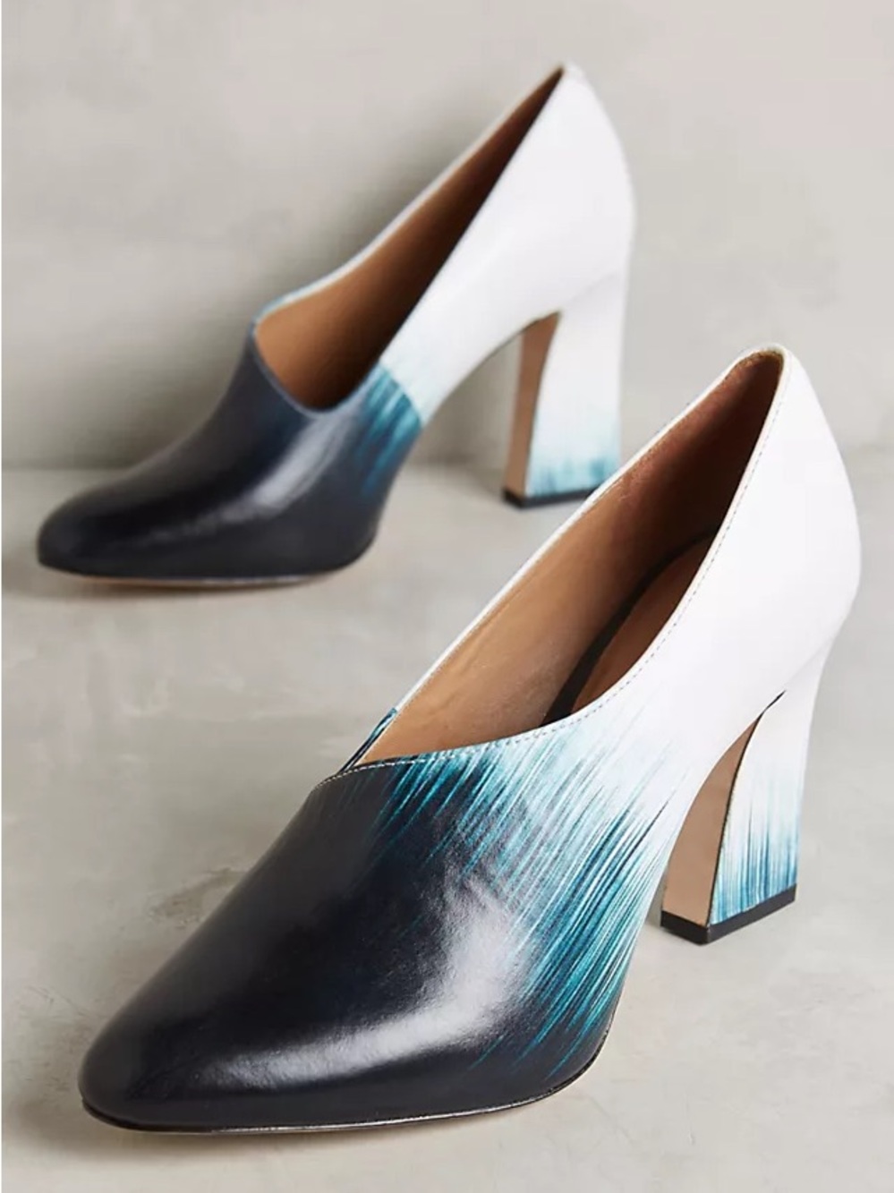 White and Teal Ombre Leather Block Heel Pumps